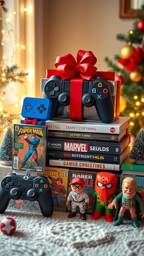 A collection of Christmas gifts for a nerdy boyfriend, featuring gaming gear, comic books, and action figures, surrounded by holiday decorations.